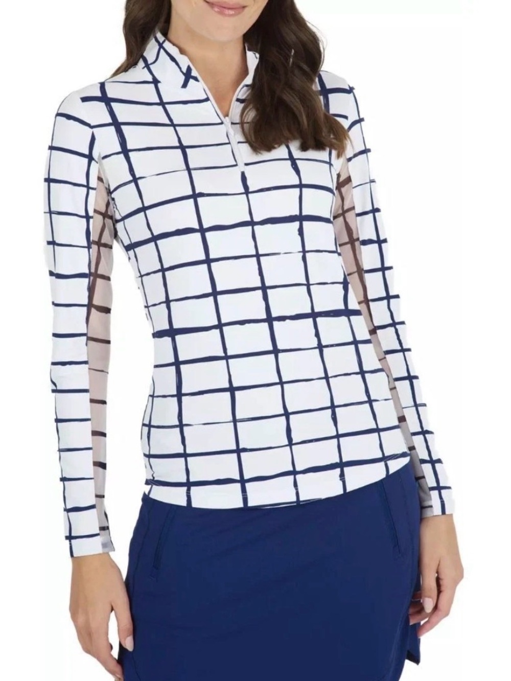 IBKUL Cordova Women’s Medium 1/4 Zip Mock Neck Long Sleeve Top White/Navy